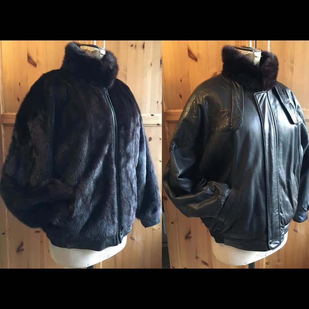 Vintage Mink Fur Bomber Jacket Reversible Leather Size 16